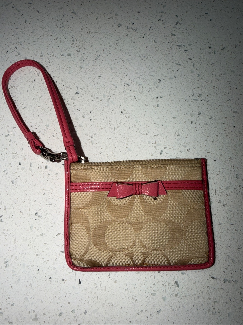 Coach Khaki Signature Canvas Wristlet with Pink Trim and Bow
